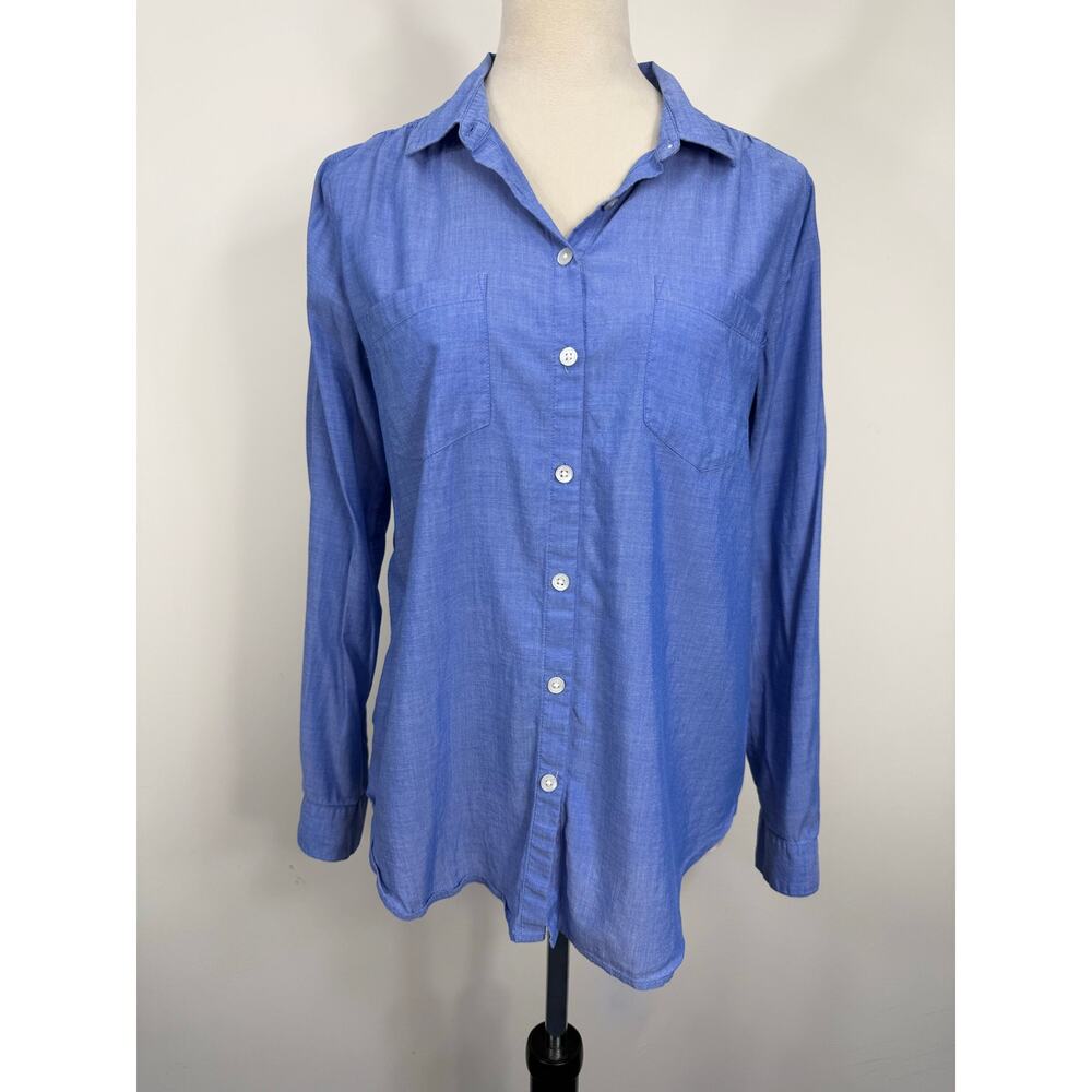 Ann Taylor Factory Chambray Button Down Shirt Blue Roll Tab Sleeve Sz M Coastal